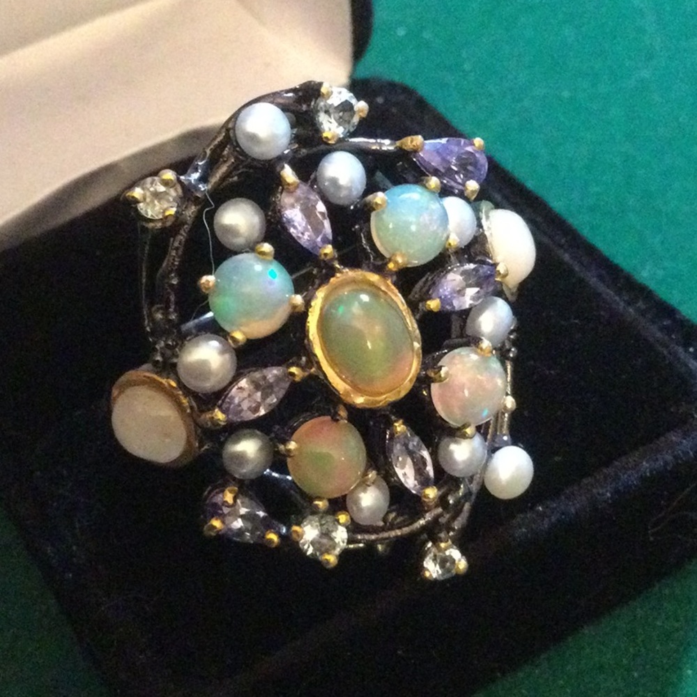 Genuine Natural Opals, Tanzanite & Pearls Ring - Picture 13 of 15